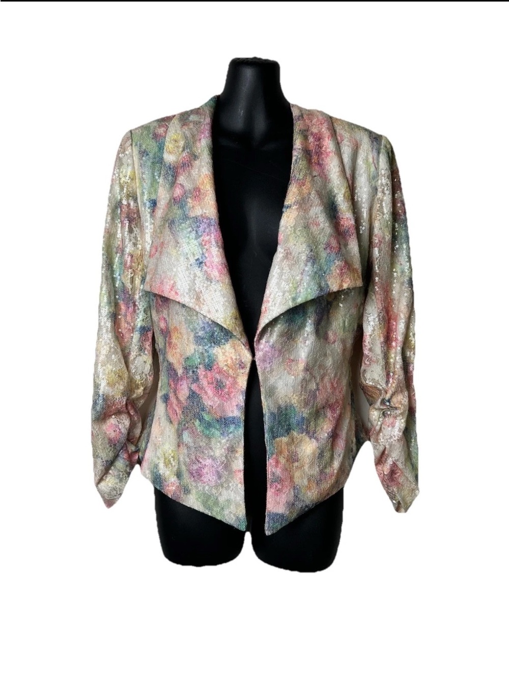 Simon Chang Sequin Blazer 2010 Summer Ruched Sleeves S Glam City Party Floral